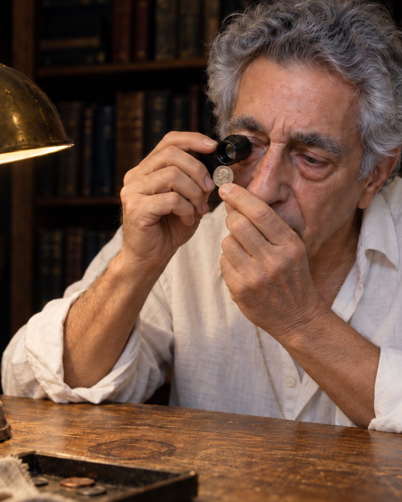 Morty Katz looking at a coin through a loupe